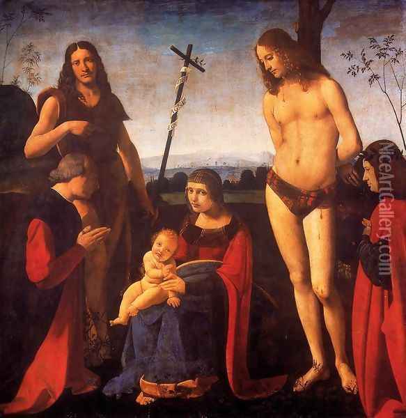 Virgin and Child with Sts John the Baptist and Sebastian (Pala Casio) 1500 Oil Painting - Giovanni Antonio Boltraffio