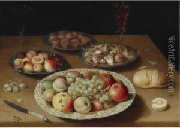 Still Life On A Plain Wooden Table: A Large Wanli Porcelain Dish Of Fruit Oil Painting - Osias, the Elder Beert