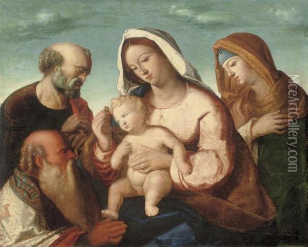 The Holy Family With Saint Anne And Saint Joachim Oil Painting - Giovanni Bellini