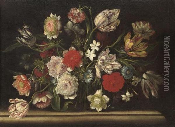 Tulips, Carnations, Roses And Other Flowers On A Stone Ledge Oil Painting - Andrea Belvedere