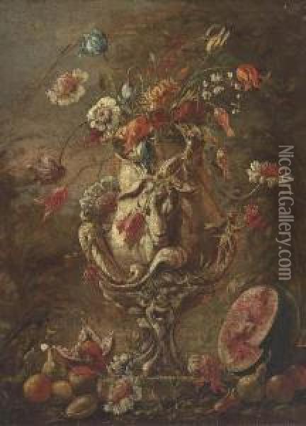 Tulips, Narcissi And Other 
Flowers In A Suclpted Urn, With Apples,pears, Pomegranates And Half A 
Melon In A Clearing Oil Painting - Andrea Belvedere
