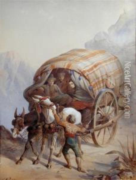 A Mule Cart In The Alps Oil Painting - Joseph-Austin Benwell