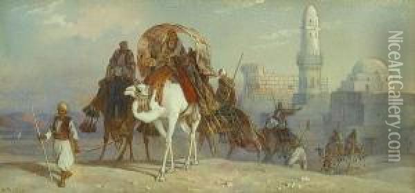 A Camel Train Leaving Luxor, Egypt Oil Painting - Joseph-Austin Benwell