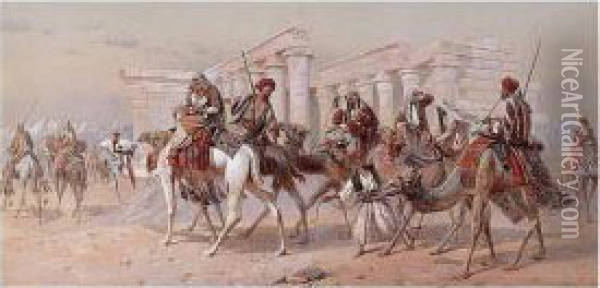 A Caravan Of Camels By Ruins In The Desert Oil Painting - Joseph-Austin Benwell