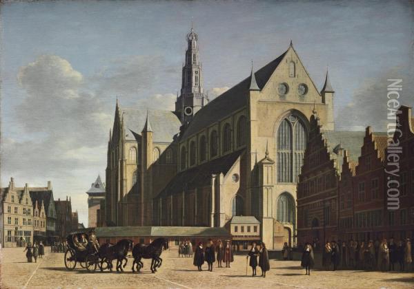 The Grote Markt, Haarlem, Looking South-east, With Saint Bavo's Cathedral Oil Painting - Gerrit Adriaensz Berckheyde