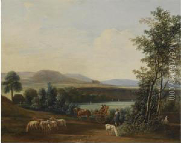 An Extensive Hilly Landscape 
With A Horse-drawn Carriage With Elegant Figures Riding Along Fields, A 
Shepherd With His Flock Of Sheep In The Foreground Oil Painting - Gerrit Adriaensz Berckheyde