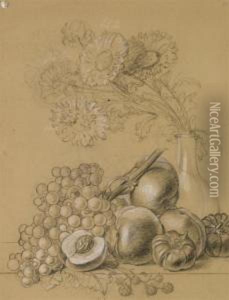 Nature Morte Aux Peches, Raisins, Tomates Et Bouquet Defleurs Oil Painting - Pancrace Bessa