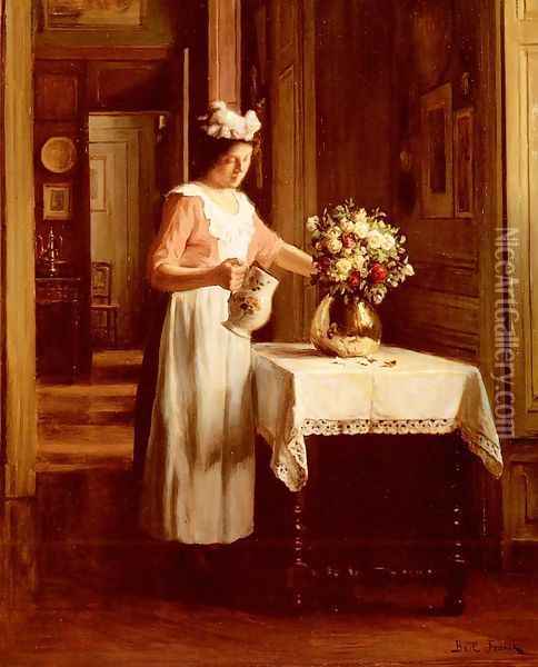 A Maid Watering Flowers Oil Painting - Franck Antoine Bail