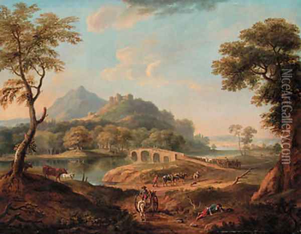 A wooded River Landscape, with figures by a bridge beneath a castle, a town beyond Oil Painting - Copplestone Warre Bamfylde