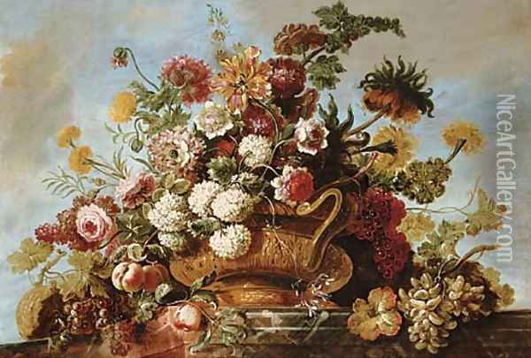 Flowers in a terracotta vase with fruit on a ledge Oil Painting - Jean Baptiste Belin de Fontenay