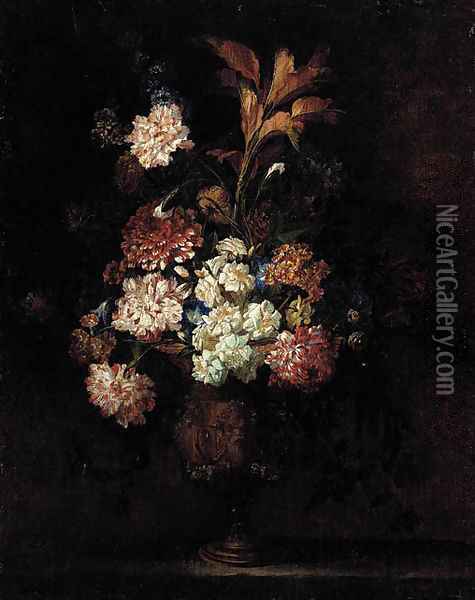Carnations, morning glories, narcissi and other flowers in an urn on a stone plinth Oil Painting - Jean Baptiste Belin de Fontenay