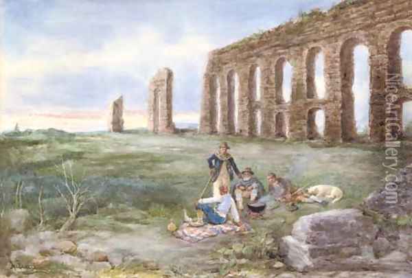 Lunchtime by an ancient aqueduct Oil Painting - A Buzzi