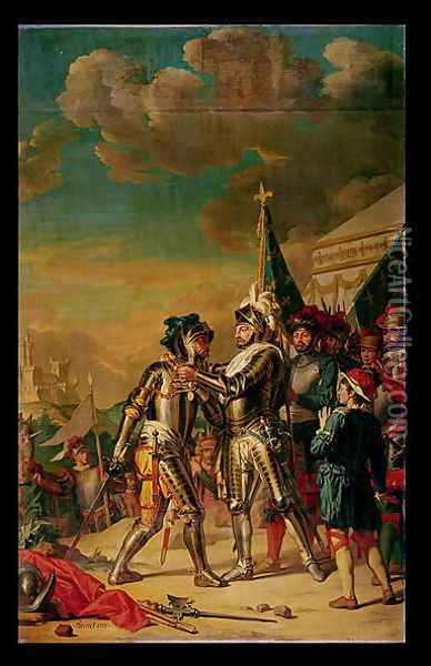 Henri II (1519-59) Giving the Chain of the Order of Saint-Michel to Gaspard de Saulx Count of Tavannes, after the Battle of Renty, 13th August 1554, 1789 Oil Painting - Nicolas Guy Brenet