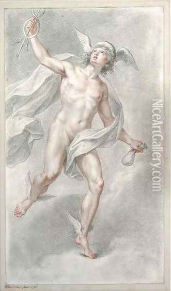 Mercury carrying his caduceus looking up to the left Oil Painting - Francesco Bartolozzi