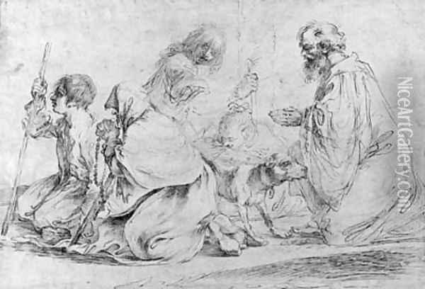 Two figures praying with beggars and a dog, after Guercino Oil Painting - Francesco Bartolozzi