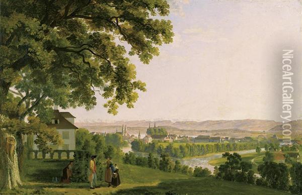 View From Beckenhof Over The Town Of Zurich. Oil Painting - Johann Jakob Biedermann