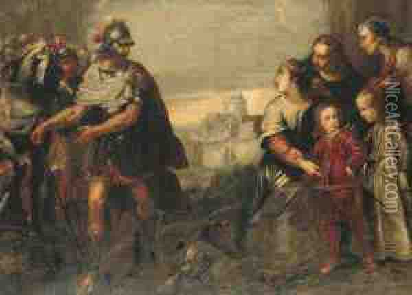 Volumnia With Her Sons Before Coriolanus, The Castel Sant'angelobeyond Oil Painting - Bartolomeo Biscaino