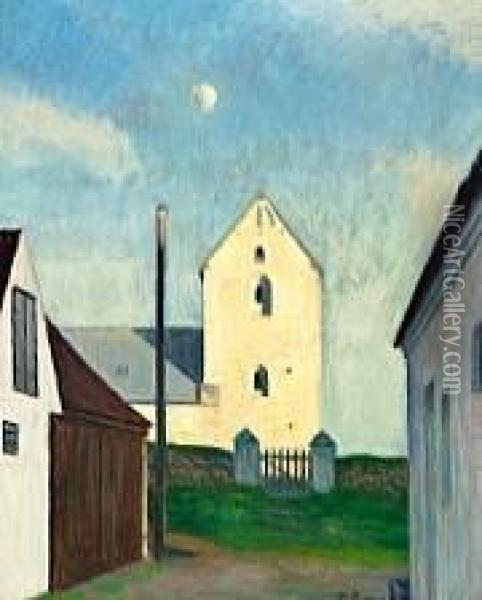Kirketarn Ved Solnedgang Oil Painting - Niels Bjerre