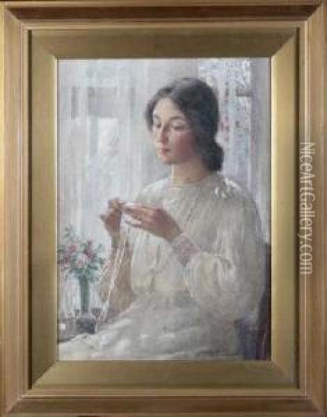At The Window - A Portrait Of The Artist's Wife Nellie Oil Painting - William Kay Blacklock