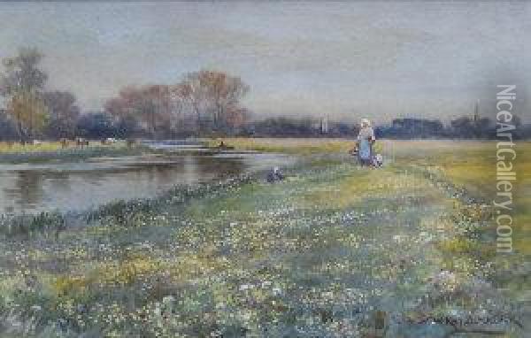Figures Gathering Flowers On The Banks Of The River, In A Dutch Landscape Oil Painting - William Kay Blacklock