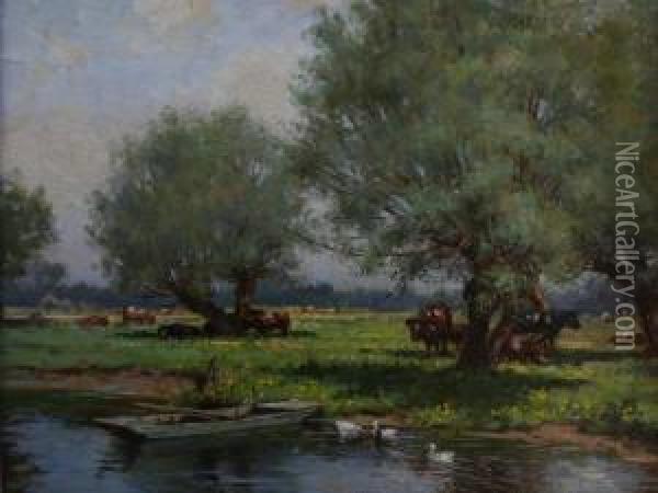 The River Bank, Hemingford On The Ouse, Hunts. Oil Painting - William Kay Blacklock