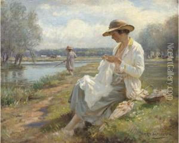 Sewing By The River Oil Painting - William Kay Blacklock