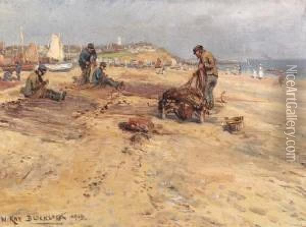 Mending Nets, Southwold Beach Oil Painting - William Kay Blacklock