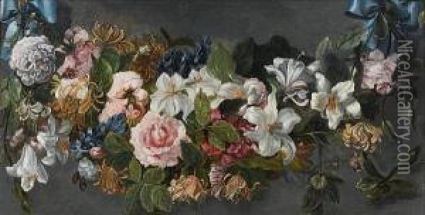 A Swag Of Roses, Honeysuckle, 
Delphiniums, Lilies, And Other Flowers Held By Blue Ribbons Oil Painting - Jean Baptiste Belin de Fontenay