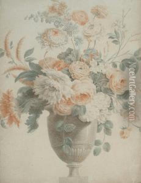 Roses, Chrysanthemums, Poppies And Other Flowers In A Bronze Urn Oil Painting - Jean Baptiste Belin de Fontenay