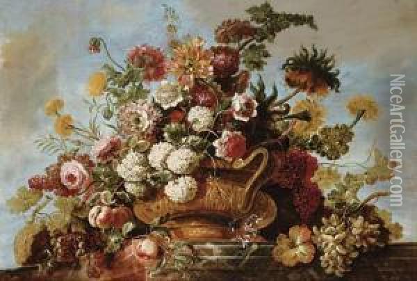 Flowers In A Terracotta Vase With Fruit On A Ledge Oil Painting - Jean Baptiste Belin de Fontenay