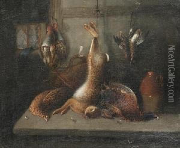 A Hare, Pheasants And Other Game Birds In A Larder; Game Birds And Fish In A Larder Oil Painting - Benjamin Blake