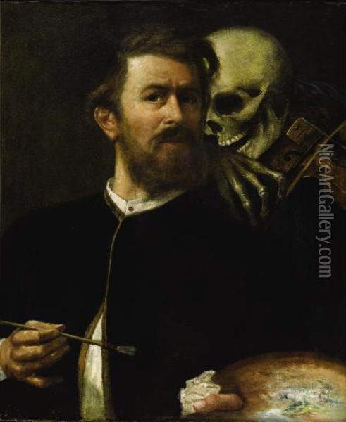 Self-portrait With Death Playing The Fiddle Oil Painting - Arnold Bocklin