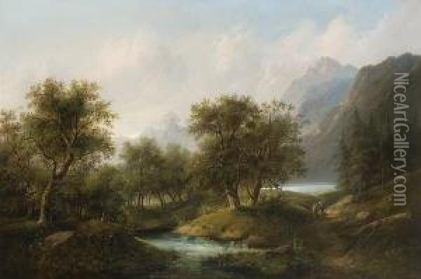 Wanderndes Bauernpaar Am Wasser In
 Gebirgslandschaft. Oil Painting - Eduard Boehm