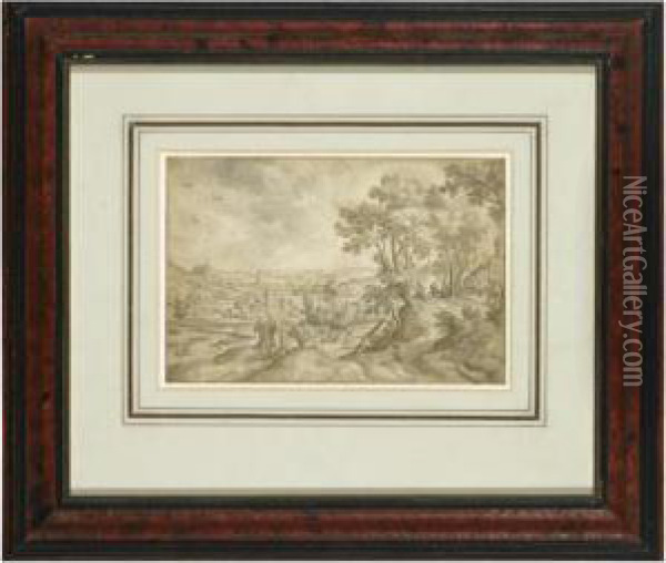 Panoramic Landscape With Abraham And The Three Angels Oil Painting - Hans Bol