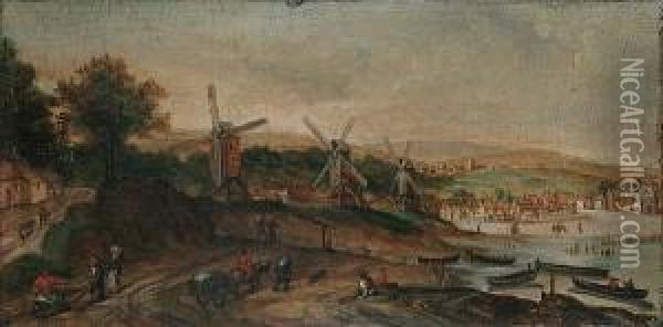 Three Windmills Before A Coastal Village, With Travellers On A Path In The Foreground Oil Painting - Hans Bol