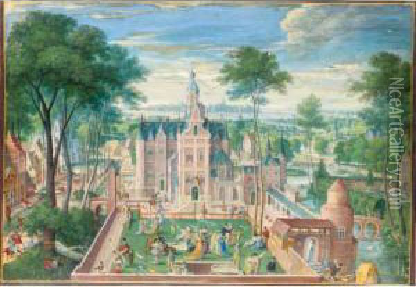 View Of A Castle, With Elegant 
Figures In The Walled Garden, A Village And Landscape Beyond Oil Painting - Hans Bol