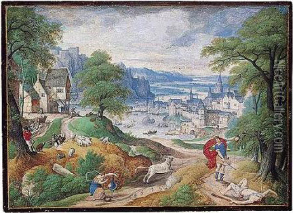 Mountainous River Landscape With
 Juno And The Peacock, And Mercury Holding The Head Of Argus In The 
Foreground, A Village And A Riverside Town Behind Oil Painting - Hans Bol