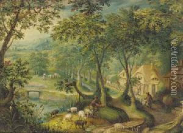 A Wooded Landscape With A 
Shepherd And Sheep On A Track With Figures Before Cottages Beyond Oil Painting - Hans Bol