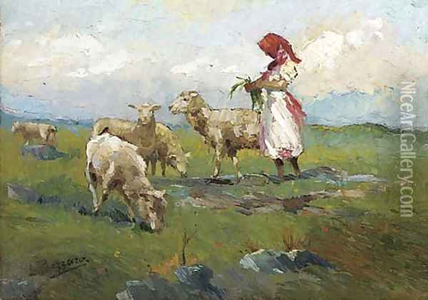Una pastorella con pecore Oil Painting - Leonardo Bazzaro