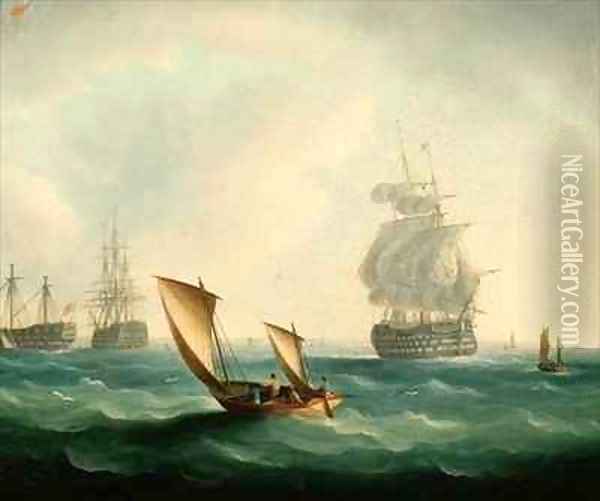 British Men-o'-war and a Hulk in a Swell, a Sailing Boat in the Foreground Oil Painting - Thomas Buttersworth