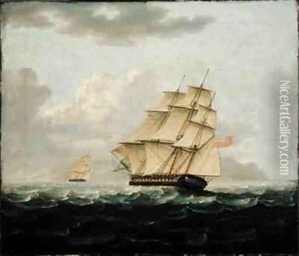 A British Frigate in Pursuit of a French Frigate Oil Painting - Thomas Buttersworth