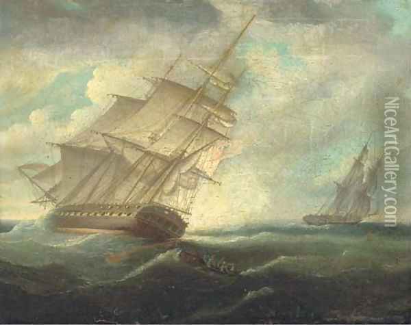 A British frigate heeling in the breeze Oil Painting - Thomas Buttersworth