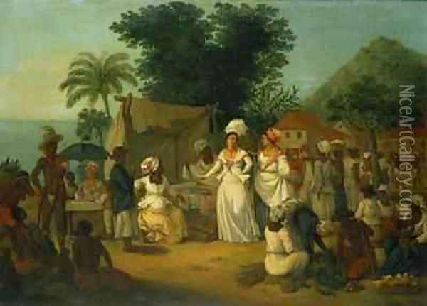 A linen market with a linen stall and a vegetable seller in a Colonial settlement Oil Painting - Agostino Brunias