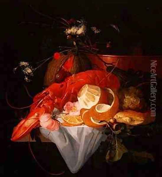 A Still Life with Lobster, Lemon and Grapes Oil Painting - Elias van den Broeck