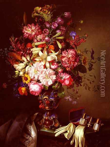 Still Life With A Vase Of Flowers And Opera Glasses Oil Painting - Leopold Brunner, Snr.