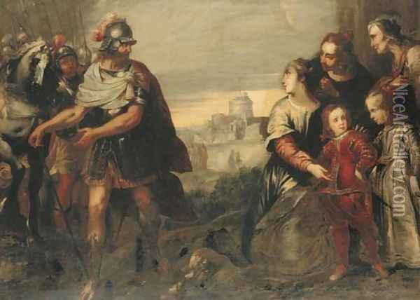 Volumnia with her sons before Coriolanus, the Castel Sant'Angelo beyond Oil Painting - Bartolomeo Biscaino