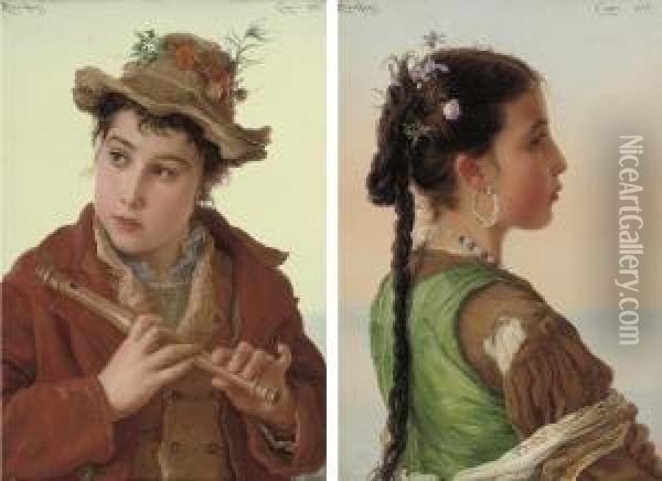 A Capri Boy; And A Capri Girl Oil Painting - Adriano Bonifazi