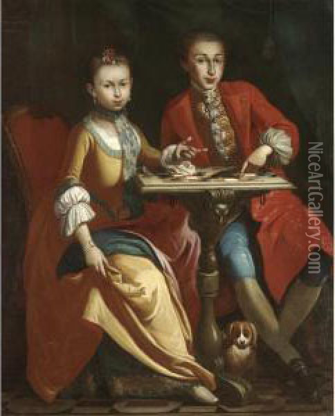 Portrait Of A Pair Of Noble 
Children, Full Length, Seated At A Table Playing Draughts, A Small Dog 
Seated Below Oil Painting - Giuseppe Bonito