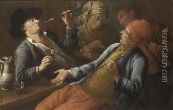Peasants Drinking And Smoking In An Interior Oil Painting - Giuseppe Bonito