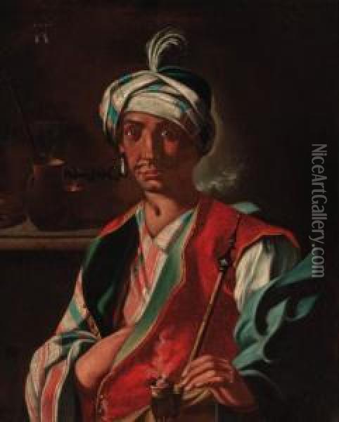An Oriental Man, In A Plumed Turban, Smoking A Hookah Oil Painting - Giuseppe Bonito